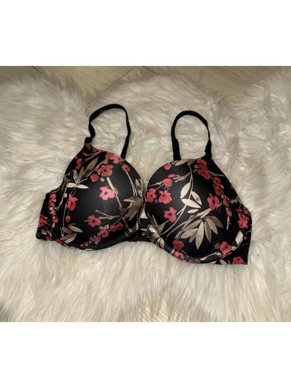 Soma Ravishing Plunge Push Up Bra Padded Underwire Floral Print Womens 34C Black